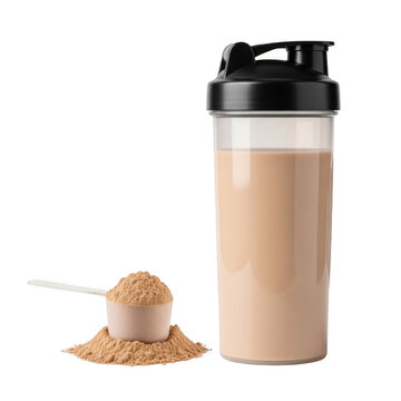 Protein shake in shaker bottle with powder scoop and pile of supplement mix isolated on transparent background