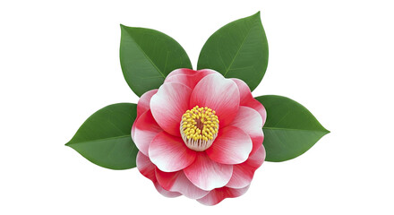 Fototapeta premium Pink and white camellia flower with green leaves on a white background