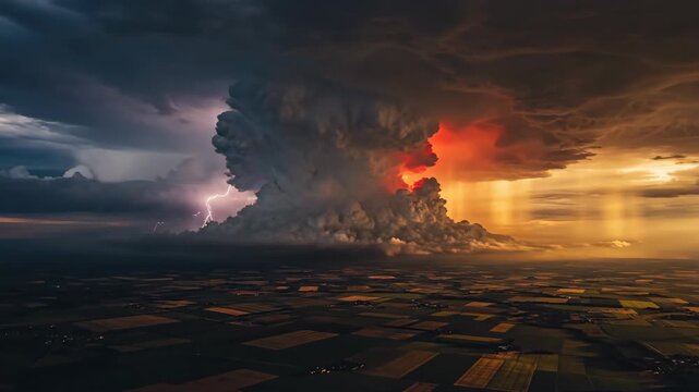 Massive thunderstorm cell glows orange against dark sky over patchwork fields