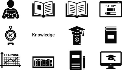 Assortment of Education and Knowledge Related Icons in Black and White learning study