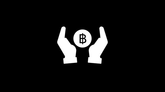 Protecting Bitcoin cryptocurrency with hands holding a coin on black background hands holding coin white digital currency