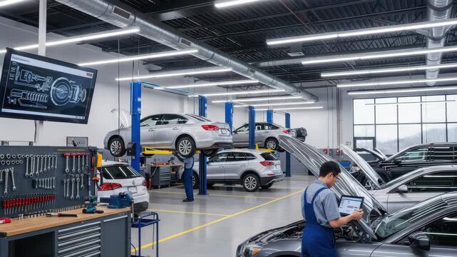 Technicians Inspecting Cars At Modern Repair Shop With Car Lifts Open Hoods Diagnostic Tools Diagram Are Visible On Screen With Outdoor Views Through The Windows For Automotive Servi
