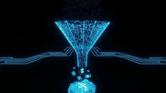 Digital Data Funnel Transforms Into Money On Black Background Used In Finance Technology Marketing Sales Concepts Process System Where Data Is Converted To Financial Value