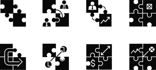 Business puzzle icons showing strategy growth and teamwork Keywords: puzzle piece icon, business strategy, growth chart, teamwork, collaboration