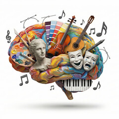 Creative illustration of brain with musical instruments and art palette