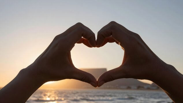 Hands make a heart shape against a sunset on the ocean with the silhouette of La Pelada