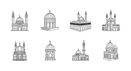 Set of eight detailed Islamic mosque and shrine line art illustrations with domes and minarets, perfect for cultural and religious design projects
