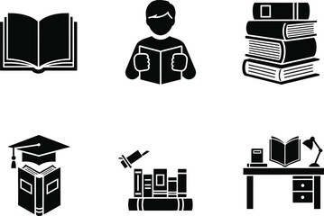 Collection of six black and white icons related to reading and education book open book
