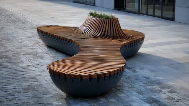 Modern street bench design with ergonomic curves and durable materials blending comfort and style in urban public spaces.