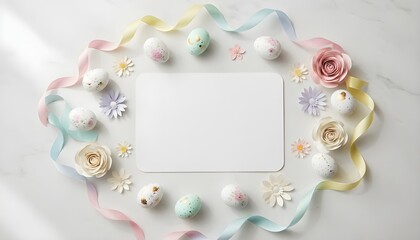 Top-Down Blank White Rectangular Easter Card Mockup Centered with Pastel Ribbons Loose Eggs Paper Flowers White Marble Tabletop Bright Light