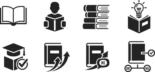 Educational Icons Featuring Books, Graduation Caps, and Progress Symbols learning