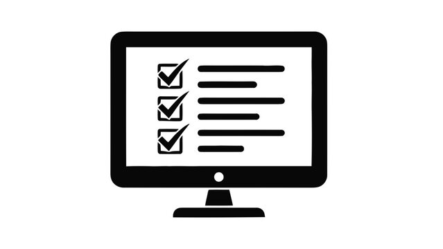 Vector illustration&nbsp;of computer monitor displaying a checklist with three completed items and lines of text, black and white icon graphic on a transparent background