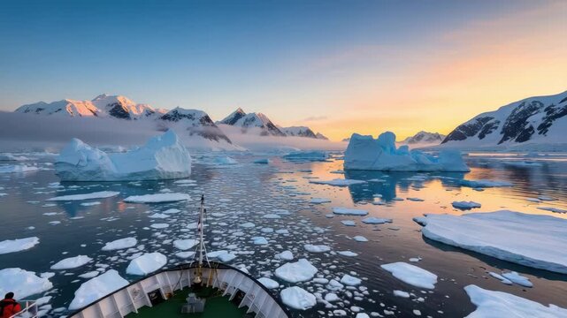 Ship Navigating Icy Waters Of Antarctica At Sunrise Surrounded By Icebergs Snow-covered Mountains With Clear Sky In The Background For Travel Brochures Documentaries