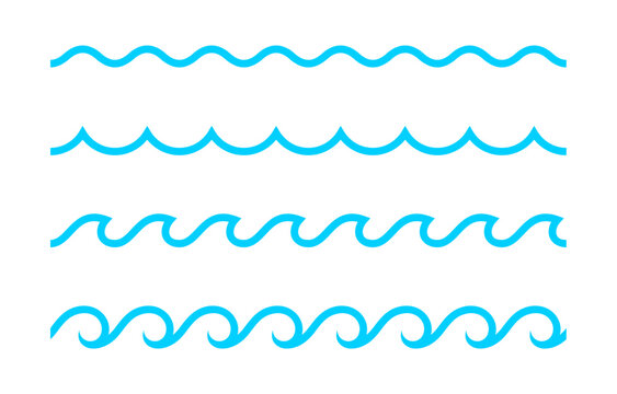 Set of Blue Water Wave Line. Abstract Ocean Ripples and Sea Wave Patterns Vector Illustration