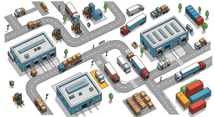 Isometric industrial logistics and transportation hub aerial view.