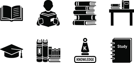 Set of Black Silhouette Icons Representing Education and Study learning reading