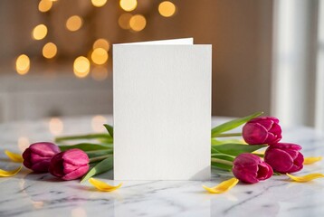 Blank white greeting card standing on marble with pink tulips
