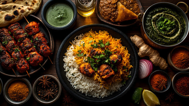 Elaborate Indian Food Spread Overhead with Chicken Tikka Skewers, Curry, Biryani, Naan Bread, Spices and Chutneys on Dark Wooden Table