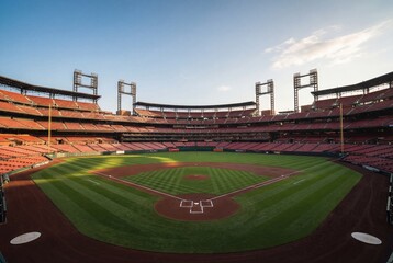 Obraz premium Wide angle view of an empty baseball stadium field at sunset