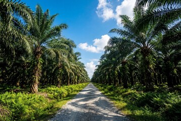 Obraz premium Oil palm plantation with a straight dirt road under a blue sky