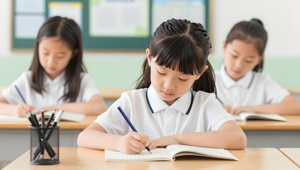 Fototapeta premium Focused student writing in her notebook in a classroom with her classmates