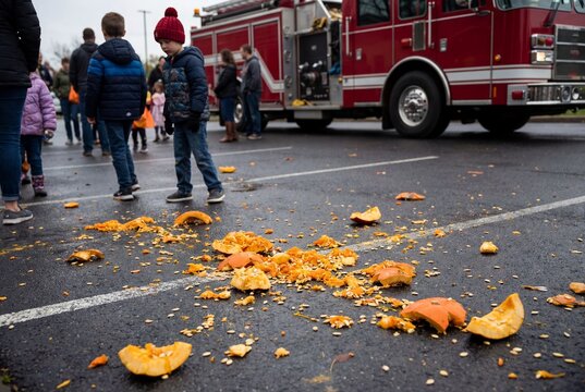 Smashed pumpkin pieces on wet asphalt near a red fire truck with children watching nearby