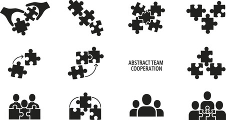 Twelve puzzle and teamwork concept icons Keywords: puzzle, jigsaw, pieces, teamwork, cooperation, collaboration, connection, strategy, problem