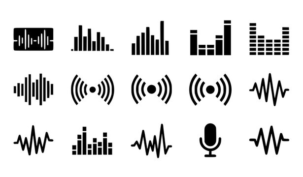 Sound wave glyph set vector audio equalizer radio signal symbols isolated on transparent background