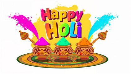 Decorative pots filled with vibrant Holi powders and colorful water splashes, arranged on a traditional Indian mat.