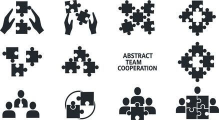 Twelve puzzle and teamwork concept icons Keywords: puzzle, jigsaw, pieces, teamwork, cooperation, collaboration, connection, strategy, problem