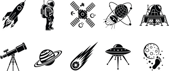 Space exploration icons set with rocket astronaut satellite planet UFO vector illustration collection isolated design © MDBELAL