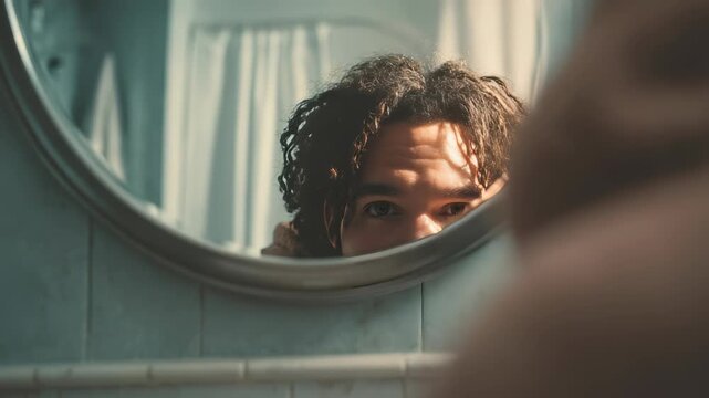 Young man with curly hair gazes thoughtfully at his reflection in a bathroom mirror, partially obscured by the frame. Soft morning light creates a calm and introspective atmosphere