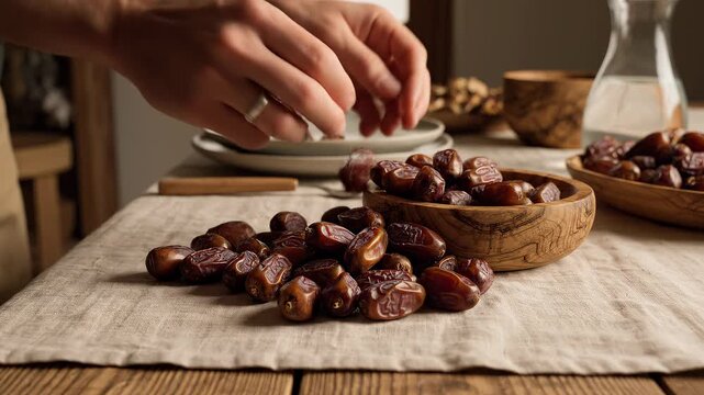 Collecting Discarded Date Pits into Wooden Bowl for Composting