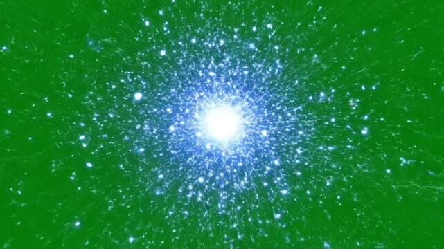 Abstract Cosmic Bloom: An abstract image of a radiant, luminous bloom, bursting forth from a central point of light against a deep verdant canvas, reminiscent of a cosmic event.