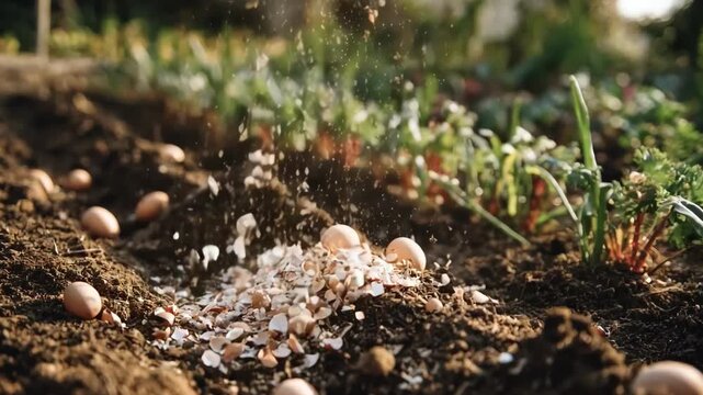 Natural amendments like crushed eggshells and mineral powders being sprinkled gently on vegetable patches to promote ecofriendly fertilization.