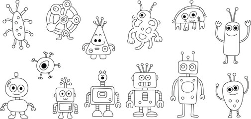 Black and white cartoon drawings of various robots and alien creatures on white background monster © Shahajan