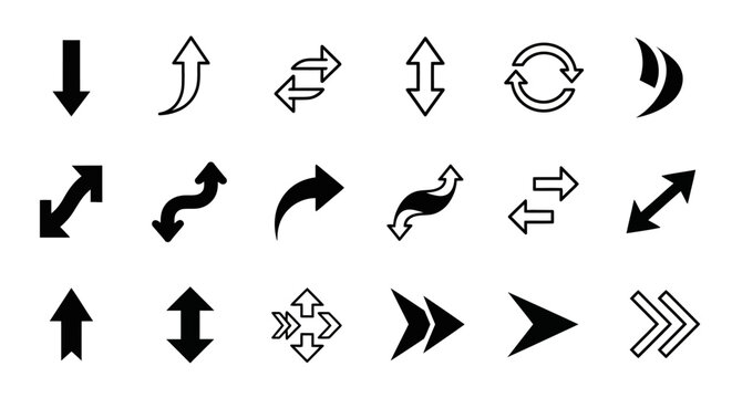 Collection of 21 Arrow Icons: Directional, Circular, Curved, and Bidirectional Symbols