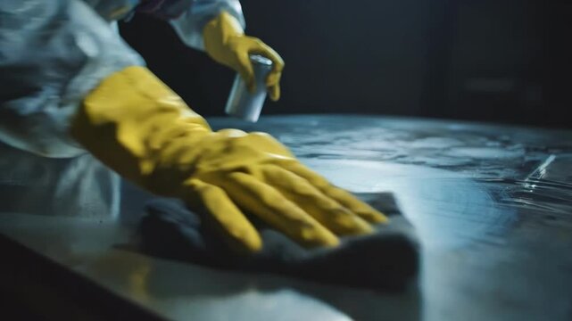 Medium shot capturing the use of chemical solvents on a metal surface as graffiti is carefully wiped away highlighting protective gear and precision.