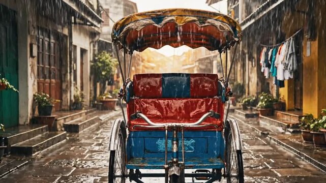 Pedicab Parked in Narrow Alley During Afternoon Rain in Dense Neighborhood - AI Generated