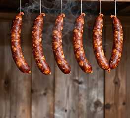Fototapeta premium Smoked sausages hanging in a smokehouse, rustic wooden background