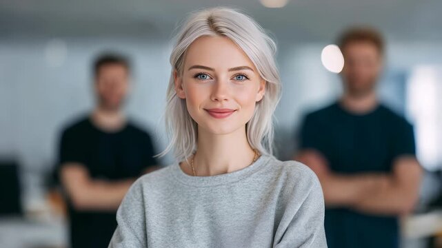 Confident young woman with platinum blonde hair stands in focus, smiling gently in a modern office environment. Two blurred colleagues are visible in the background, creating a professional atmosphere