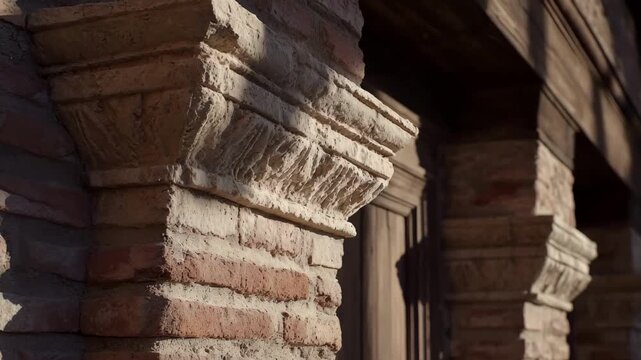 Medium shot capturing a historical mausoleum with weathered brickwork and classical columns highlighting its ancient craftsmanship and timeless significance.