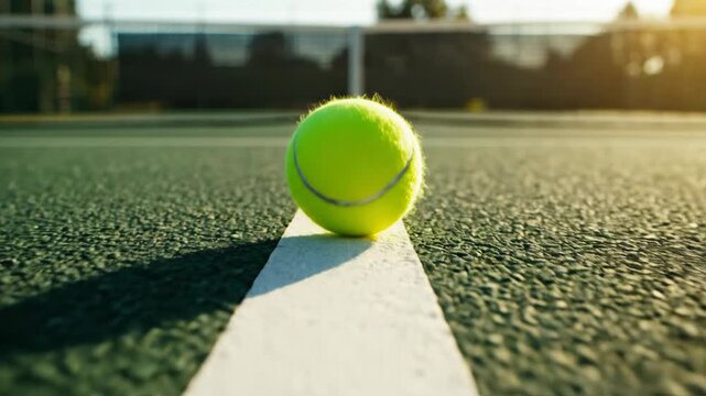 Tennis ball on court line during golden hour sunlight.