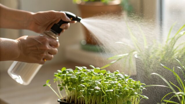 Hands spraying water on green plants indoors with a spray bottle, promoting plant care and growth in a home gardening setting.