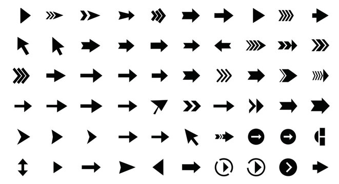 Collection of Diverse Black Arrows and Cursor Icons on White Background