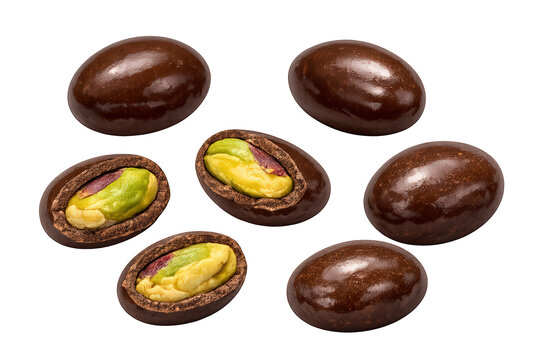 Pistachio dragees with milk chocolate coating, some opened displaying the nut inside, isolated on transparent background