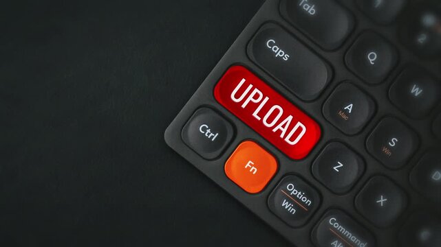 Red Upload Transfer Button Black Laptop Keyboard Close Up Video