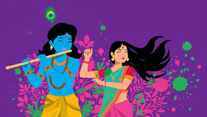 Obraz premium Lord Krishna and Radha dancing and playing flute in a colorful, vibrant illustration for Holi festival