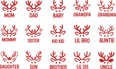 Red reindeer antlers with family titles for Christmas holiday celebrations on white background vector © Shahajan