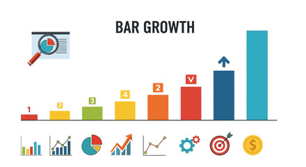 Bar Chart Showing Upward Growth and Financial Success with Icons